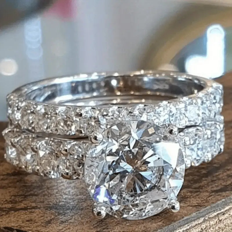 2/ Piece Dazzling Women's Promise Ring Set, Comes with Round White Synthetic Zirconia, Silver-plated Plated Sparkling Engagement Women's Party Decoration Wedding Jewelry Romantic Luxury Eternal Symbol Christmas Gift Chic Le'Meek