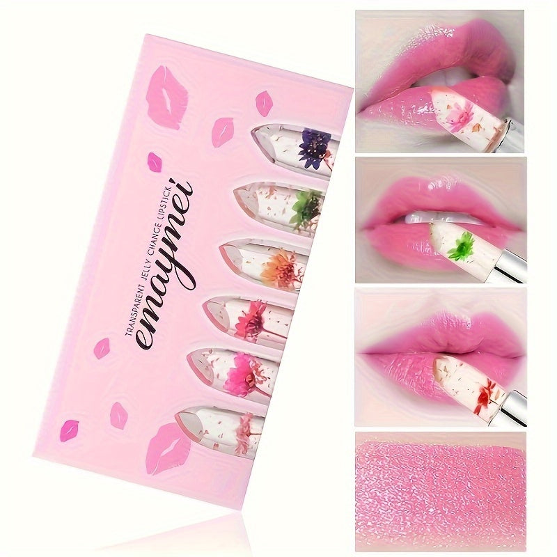 emaymei Transparent Jelly Change Lipstick: 6-Piece Set with Crystal Golden Foil, Flower Petals, and Shimmering Pink Hues