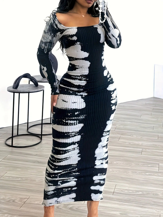 [Minimalist Chic] Elegant Black and White Tie-Dye Maxi Dress for Women - Chic Square Neck, Long Sleeves, Polyester Knit, Machine Washable Chic Le'Meek