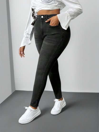 Women's Casual Jeans, Plus Size Solid Color High Rise Whiskering Slash Pocket Skinny Denim Pants