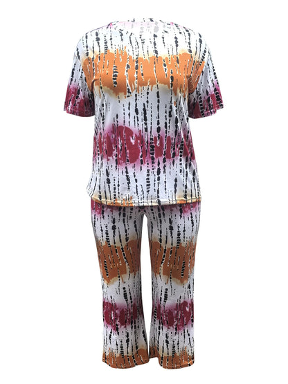 Women'S Plus Size Casual Colorblock Tie Dye 2pcs Set - Elegant Crew Neck Long Sleeve Top And Straight Leg Pants, 95% Polyester 5% Spandex, Medium Stretch Fabric, Machine Washable Chic Le'Meek