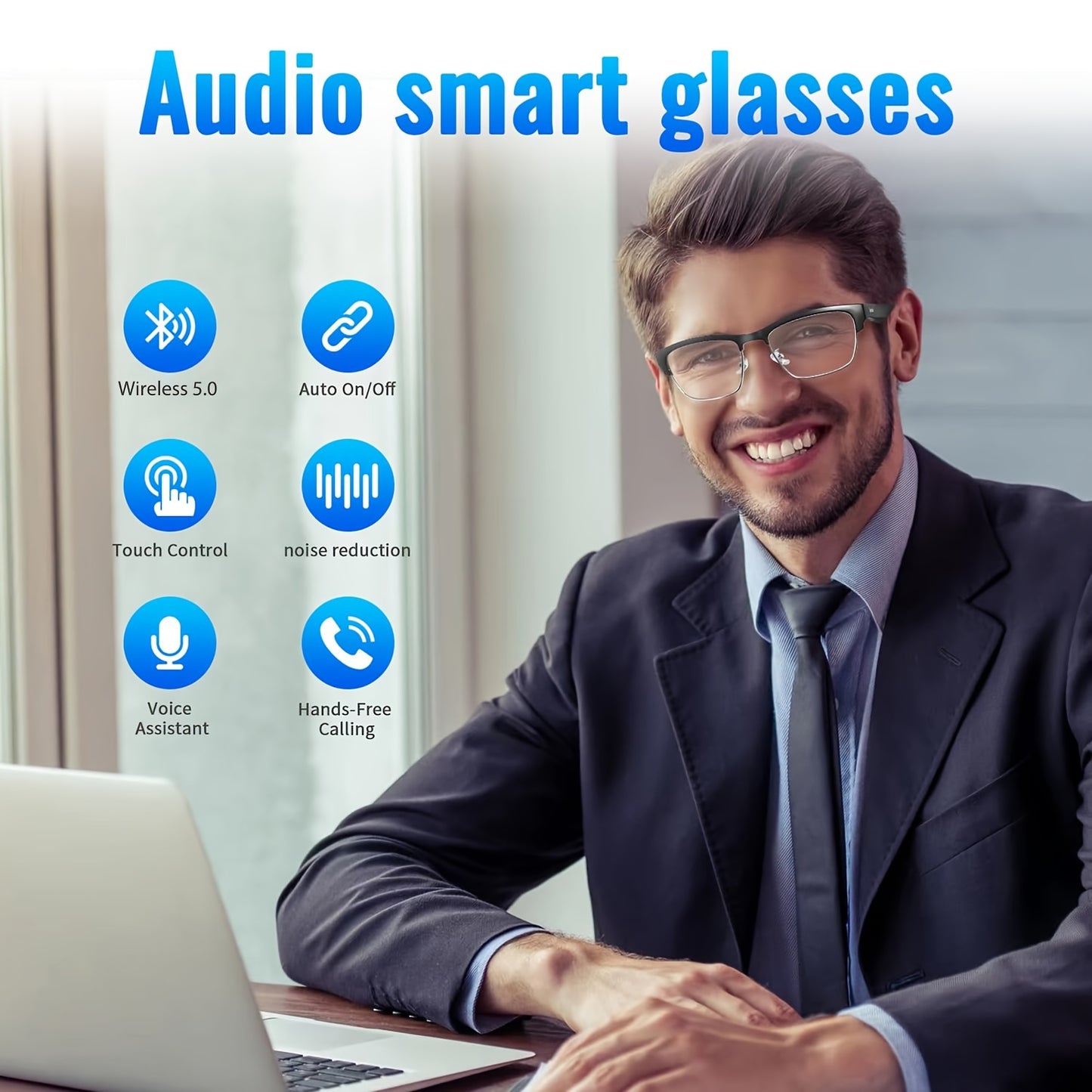 HD Smart Glasses - Built-in Microphone, HiFi Music, Anti-Blue Light, Voice Assistant Compatible, iPhone/Android Friendly, Office Eye Protection, Daily Outdoor Use, Stylish Business Wear