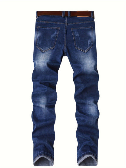 Mens Slim-Fit Embroidered Denim Jeans - Soft Slight Stretch Fabric, Trendy Casual Style, Regular Length, All-Season Wear, Woven Construction for Daily Life