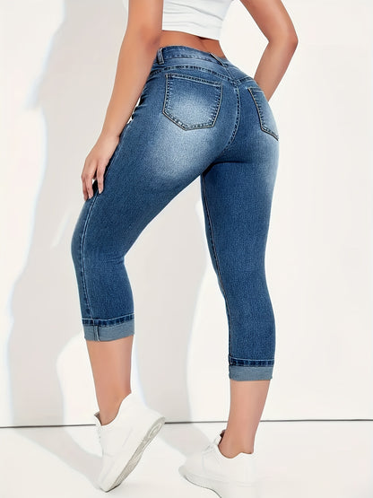 Soft, Comfortable, and Flattering Denim Pants for Curvy Figures - Casual, Mid-Length, Cuffed Hem, Solid Color, All-Season Fashion Essential