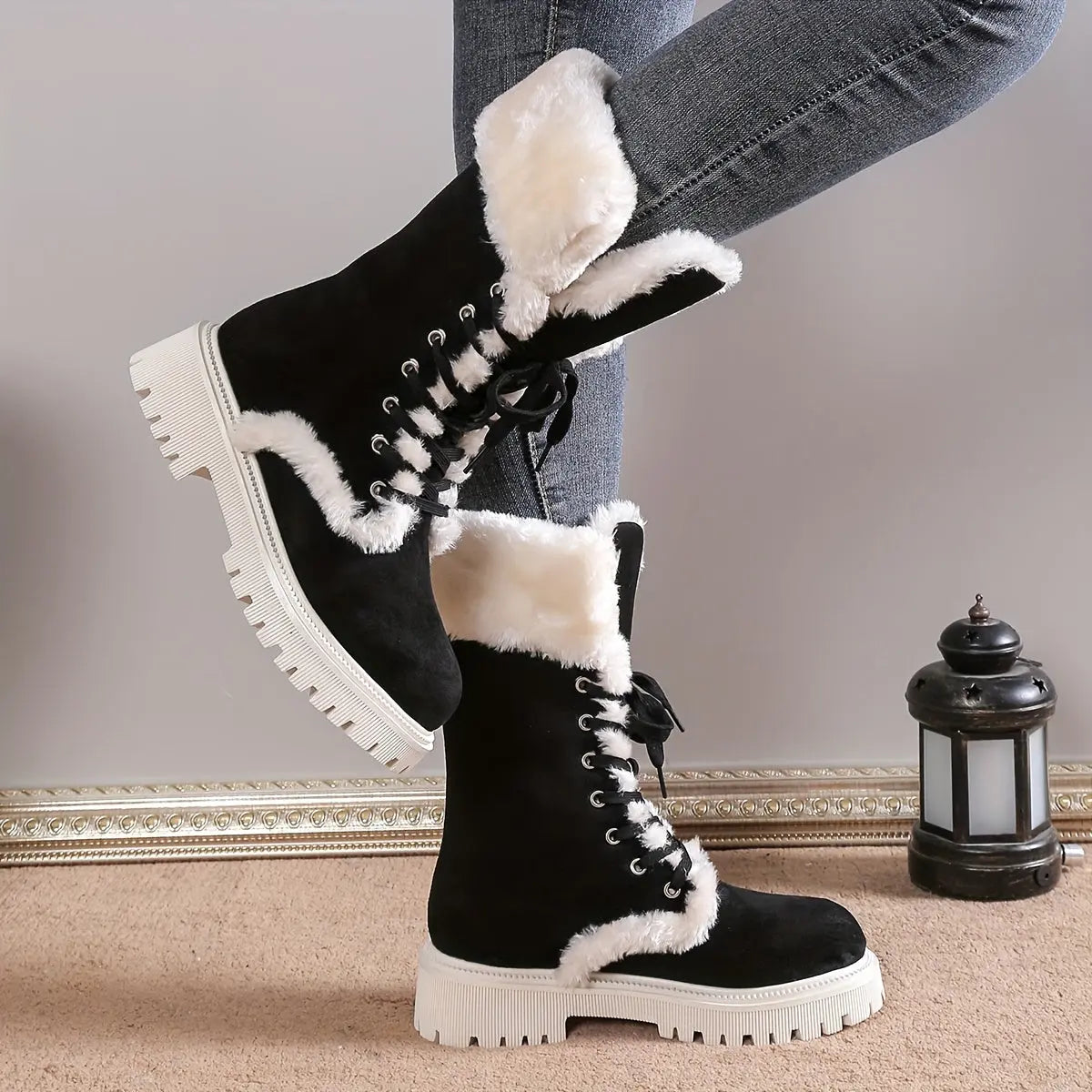 Women's Fashion Casual Lace-Up Mid-Calf Boots with Plush Lining, Round Toe Chunky Low Heel - Velvet Upper, Fabric Lining, TPR Sole Chic Le'Meek