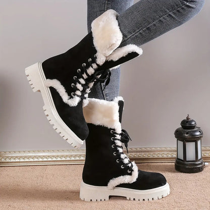 Women's Fashion Casual Lace-Up Mid-Calf Boots with Plush Lining, Round Toe Chunky Low Heel - Velvet Upper, Fabric Lining, TPR Sole Chic Le'Meek