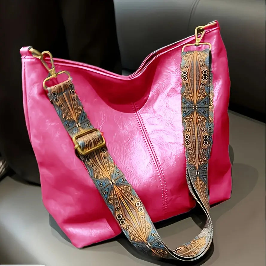[Vintage Tote Bag] Large Vintage Tote Bag | Crossbody Bag with Removable Strap, Zipper Closure, Polyester Lining, Random Printing, No Edge Paint, for Women, Black/Beige/Rose Red/Pink/Light Grey/Blue/Light Green/Green/Light Br Chic Le'Meek