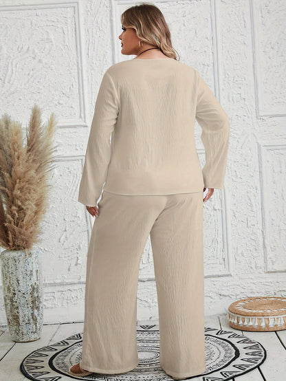 Plus Size Two-Piece Set - Crew Neck Long Sleeve Top & Pants Outfits with Fake Buttons,  Machine Washable, Solid Color, Middle East Style