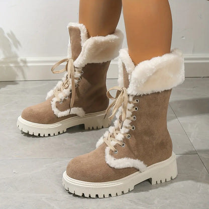 Women's Fashion Casual Lace-Up Mid-Calf Boots with Plush Lining, Round Toe Chunky Low Heel - Velvet Upper, Fabric Lining, TPR Sole Chic Le'Meek