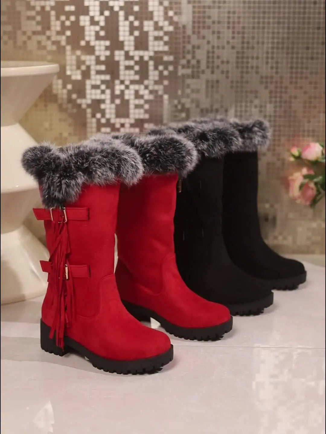 Women's Fluffy Pull On Boots, Platform Soft Sole Thermal Lining Winter Boots, Chunky Heel Tassel & Buckle Snow Boots for halloween Chic Le'Meek