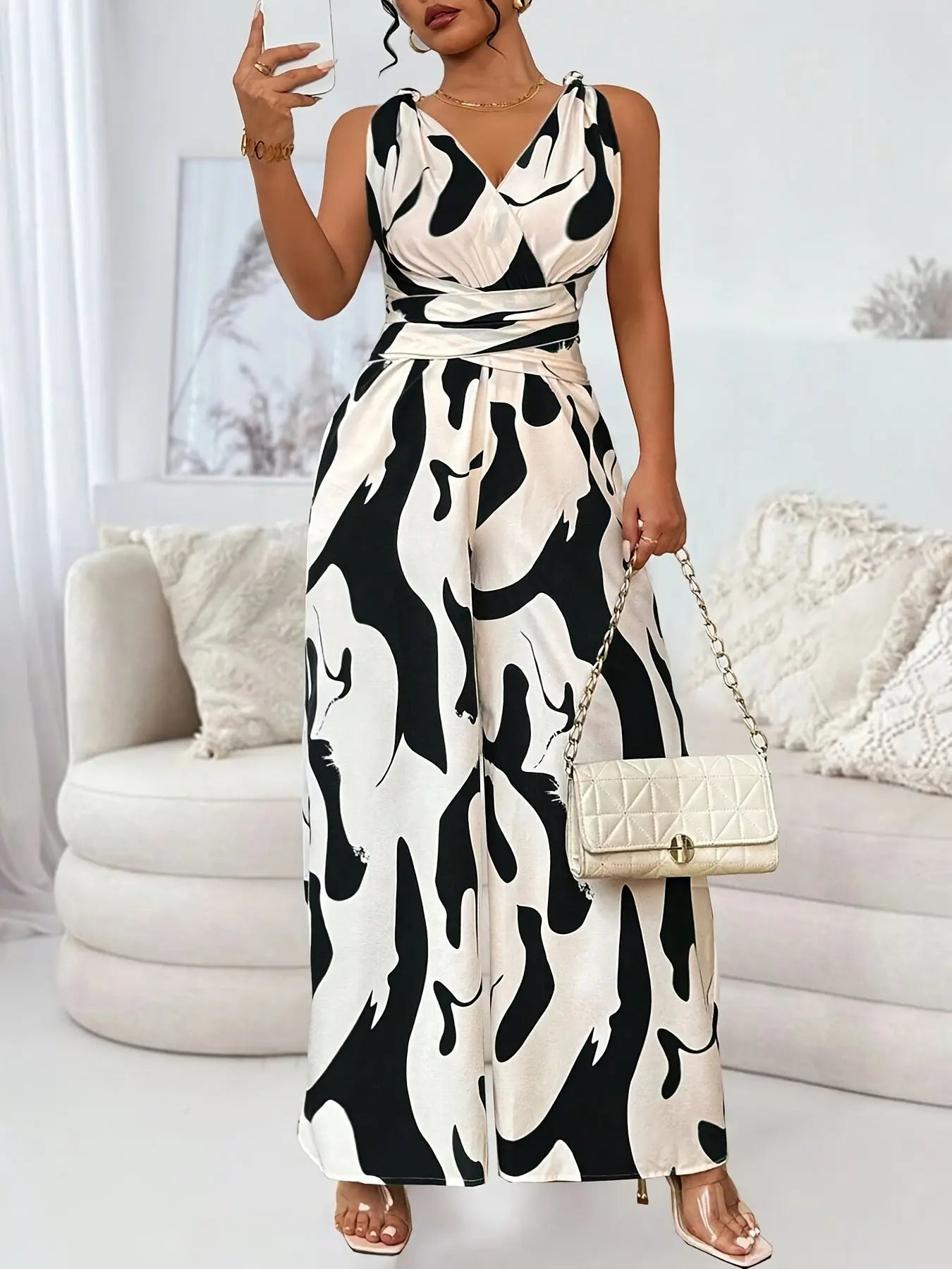 Women's Elegant Backless Jumpsuit with V-Neck & Cross Front Detail - Black & White Abstract Pattern Sleeveless Romper, Machine Washable Spring/Summer Party & Casual Outfit, Ladies Jumpsuit Chic Le'Meek