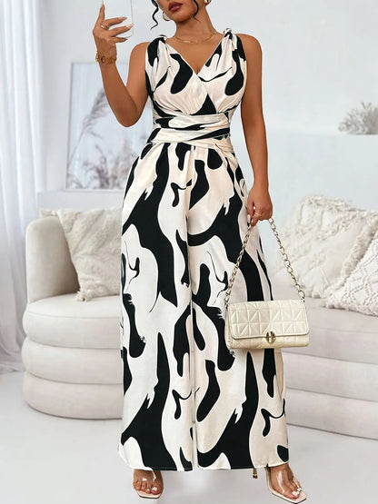 Women's Elegant Backless Jumpsuit with V-Neck & Cross Front Detail - Black & White Abstract Pattern Sleeveless Romper, Machine Washable Spring/Summer Party & Casual Outfit, Ladies Jumpsuit Chic Le'Meek