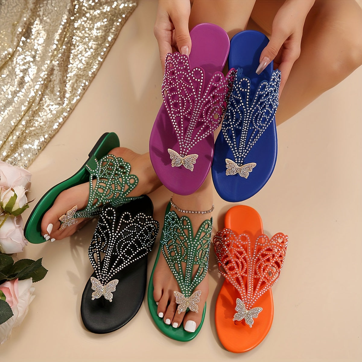 Stylish Womens Flat Heel Slide Sandals - Faux Leather Upper, Rhinestone Butterfly Decor, Slip-on Closure, Lightweight, Open Toe, Rubber Sole, Perfect for Summer Fashion