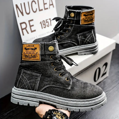 Men's Thick Anti-Slip Shock-Absorbing Ankle Boots - Durable PU Upper & PVC Sole, All-Season Versatile Lace-Up Shoes for Casual, Outdoor & Daily Wear, Casual Streetwear, Modern Street Footwear, Comfortable Fabric Insole Chic Le'Meek