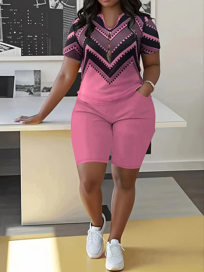 Elegant Plus-Size Bohemian Women'S V-Neck Short Sleeve Top & Shorts Set - Chic Wave Print, Casual Polyester Blend With Pockets, Perfect For Spring & Autumn - Comfortable & Stylish Home Wear, Short Sleeve Plus Size Chic Le'Meek