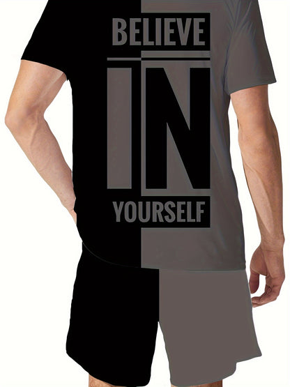 Plus Size Men's "Believe In Yourself" Print T-shirt & Shorts Set For Summer, Casual Trendy 2Pcs