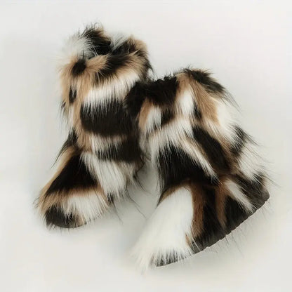 Women's Faux Fur Snow Boots, Trendy Slip On Mid Calf Boots, Women's Comfortable Winter Boots Chic Le'Meek