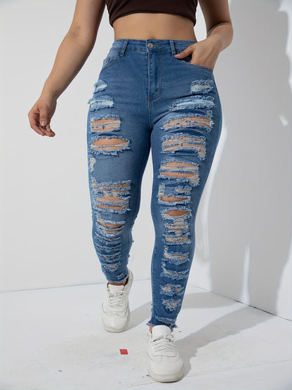 Plus Size Womens Fashionable Skinny Jeans - Ultra-Soft Ripped & Washed Denim, High Stretch, Fringe Trim, Button Fly - Trendy Distressed Style for Curvy Figures