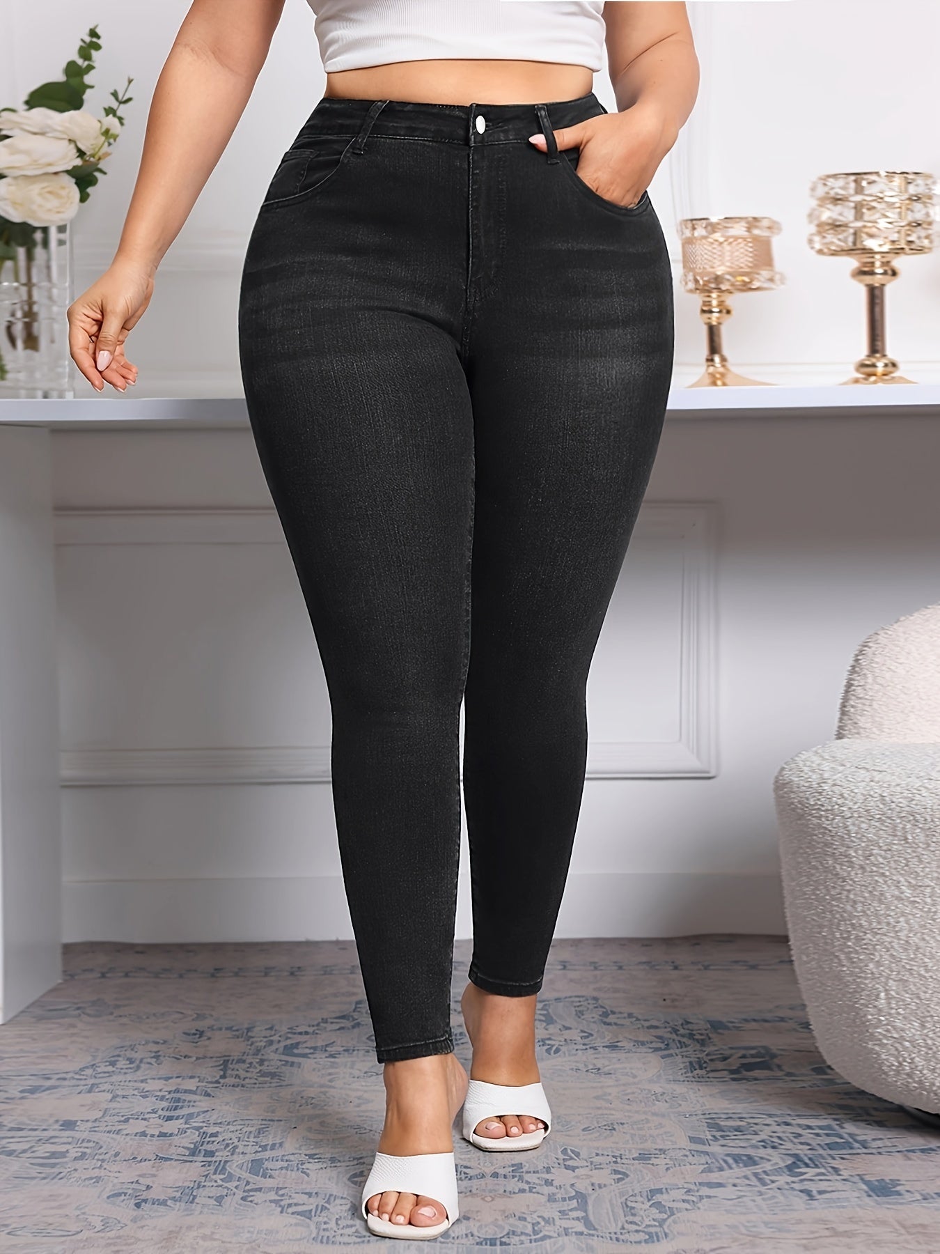 Black Color Plain Stretchy Skinny Fit Plus Size Denim Pants, Women's Denim Jeans & Clothing