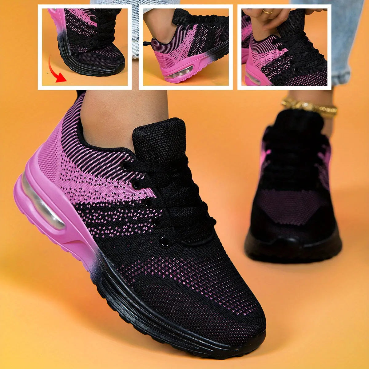 Women's Plus Size Air Cushion Sneakers - Breathable Mesh & Stabilizing Support, All-Season Comfort Casual Running & Fitness Shoes, Stylish Red Sneakers with PU Sole & Fabric Lining, Ladies Sneakers, Vibrant Gradient Design, F Chic Le'Meek