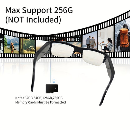 Smart 1080P HD camera glasses, outdoor sports glasses, body camera, video glasses, suitable for cycling, meeting recording, with 64GB storage card