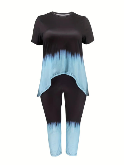 Plus Size Polyester Knit Tie-Dye Clothing Set - Short Sleeve Top And Long Pants - Machine Washable, Simple Style Chic Le'Meek