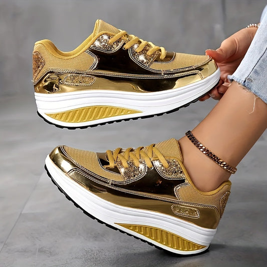 Lightweight Women's Golden Fashion Sneakers - Breathable Mesh Upper, Stabilizing PU Sole, Comfortable Walking Shoes for Outdoor Activities