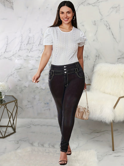 Plus Size High Waist Skinny Jeans - Ultra-Stretchy & Button-Up Design - Flattering Solid Color for Curvy Women