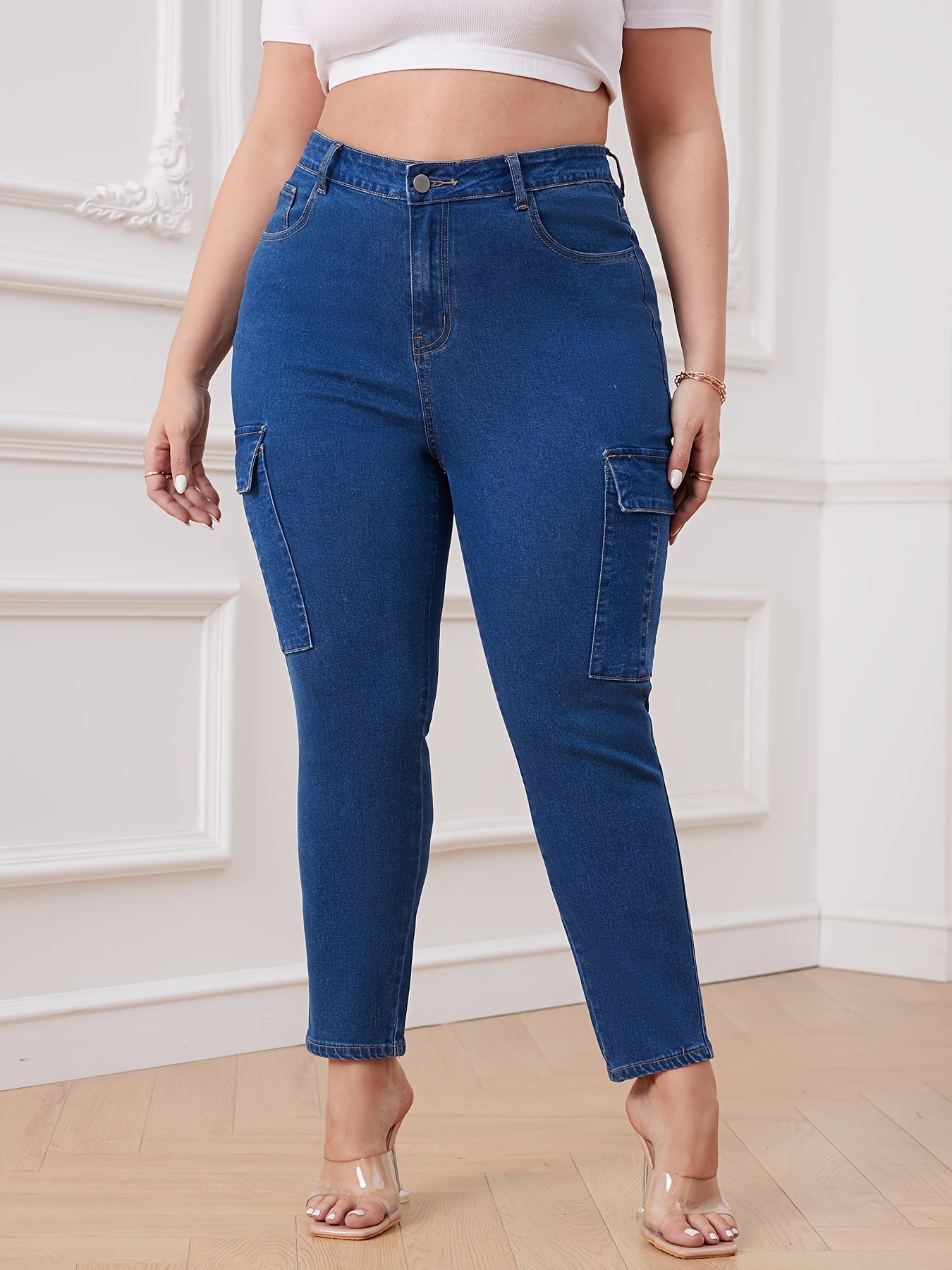 Women's Casual Jeans, Plus Size Side Flap Pocket Plain Blue High Waisted Cargo Slim Fit Denim Pants