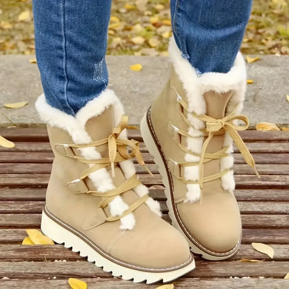 Women's Faux Fur Lined Snow Boots, Slip-Resistant Platform Soft Sole Warm Snow Boots, Comfort Mid-calf Non-slip Snow Boots Chic Le'Meek