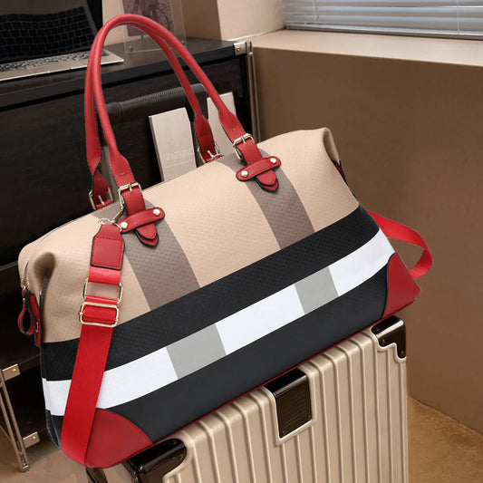 PU leather large overnight travel bag striped pattern handbag carry-on luggage bag suitable for vacation, overnight, camping, hiking, sports and fitness Chic Le'Meek