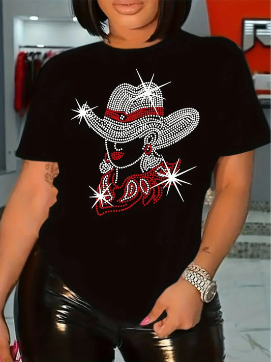 [Plus Size CowWomen T-Shirt] Plus Size Women's Graphic T-Shirt | Black Short Sleeve Crew Neck Casual Top with Cartoon Cowgirl Print, Rhinestone Accents & Glitter Text | Machine Washable All-Season Comfort for Spring & Summer Chic Le'Meek